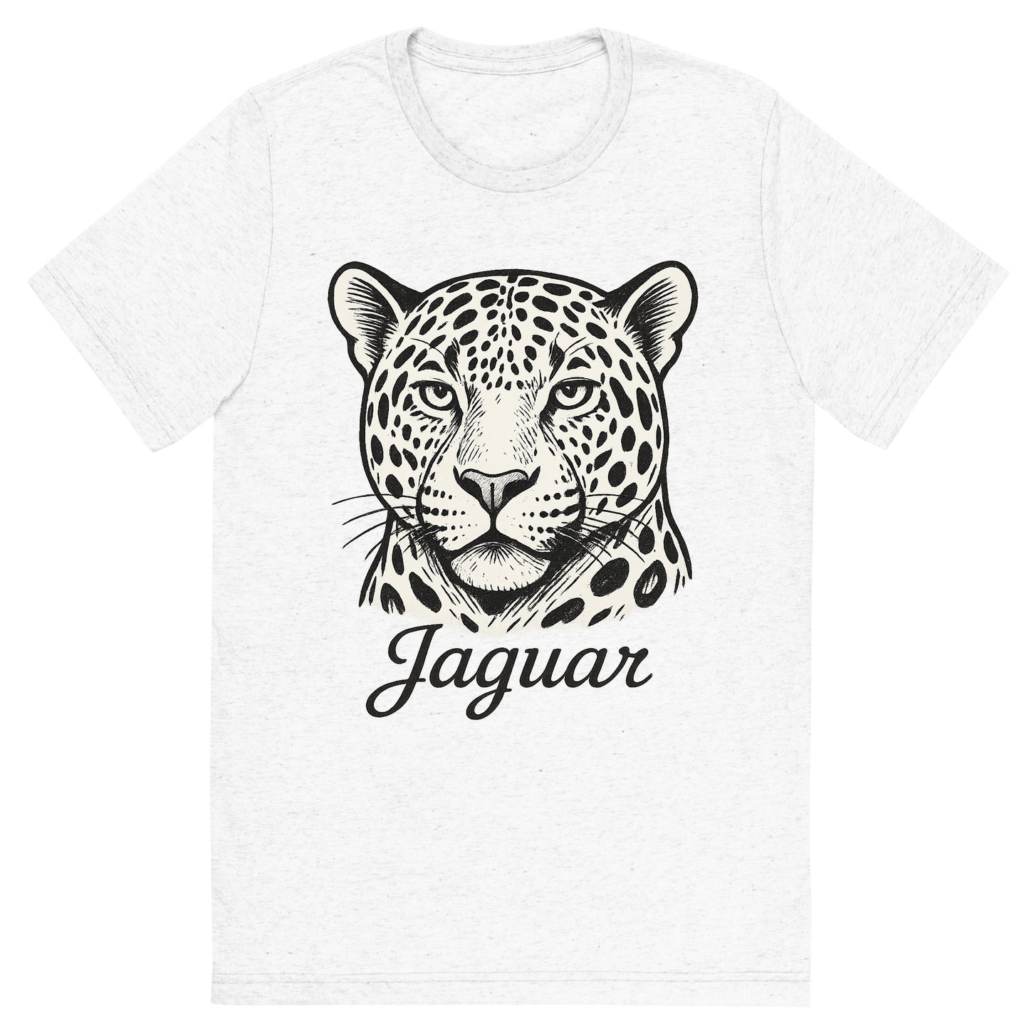 Front view of a Premium Tri-Blend Crew Neck T-Shirt in Solid White showing 'A flat, neutral graphic of a bold sketch of a jaguar with large rosettes and strong jawline. “jaguar” appears in elegant script below. white background, fine linework.'