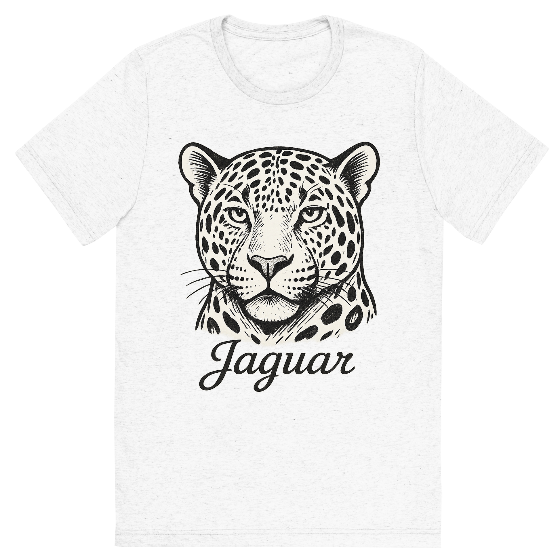 Front view of a Premium Tri-Blend Crew Neck T-Shirt in Solid White showing 'A flat, neutral graphic of a bold sketch of a jaguar with large rosettes and strong jawline. “jaguar” appears in elegant script below. white background, fine linework.'