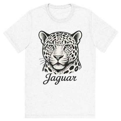 Front view of a Premium Tri-Blend Crew Neck T-Shirt in Solid White showing 'A flat, neutral graphic of a bold sketch of a jaguar with large rosettes and strong jawline. “jaguar” appears in elegant script below. white background, fine linework.'