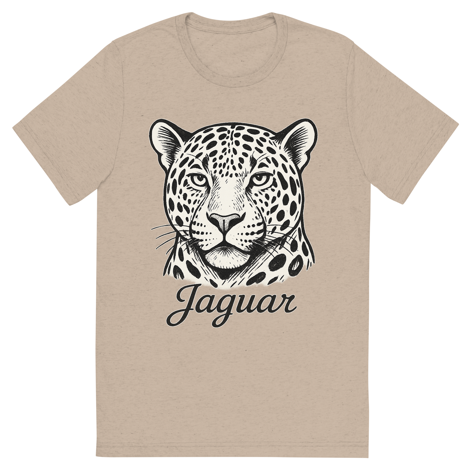 Front view of a Premium Tri-Blend Crew Neck T-Shirt in Tan showing 'A flat, neutral graphic of a bold sketch of a jaguar with large rosettes and strong jawline. “jaguar” appears in elegant script below. white background, fine linework.'