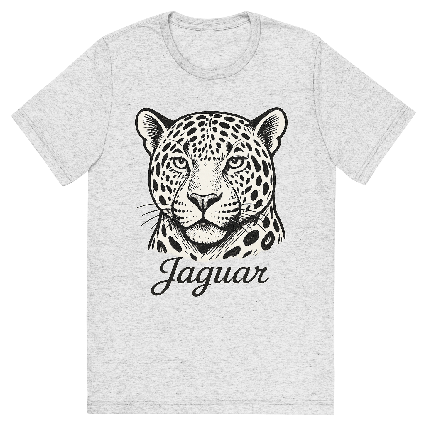 Front view of a Premium Tri-Blend Crew Neck T-Shirt in White Fleck showing 'A flat, neutral graphic of a bold sketch of a jaguar with large rosettes and strong jawline. “jaguar” appears in elegant script below. white background, fine linework.'
