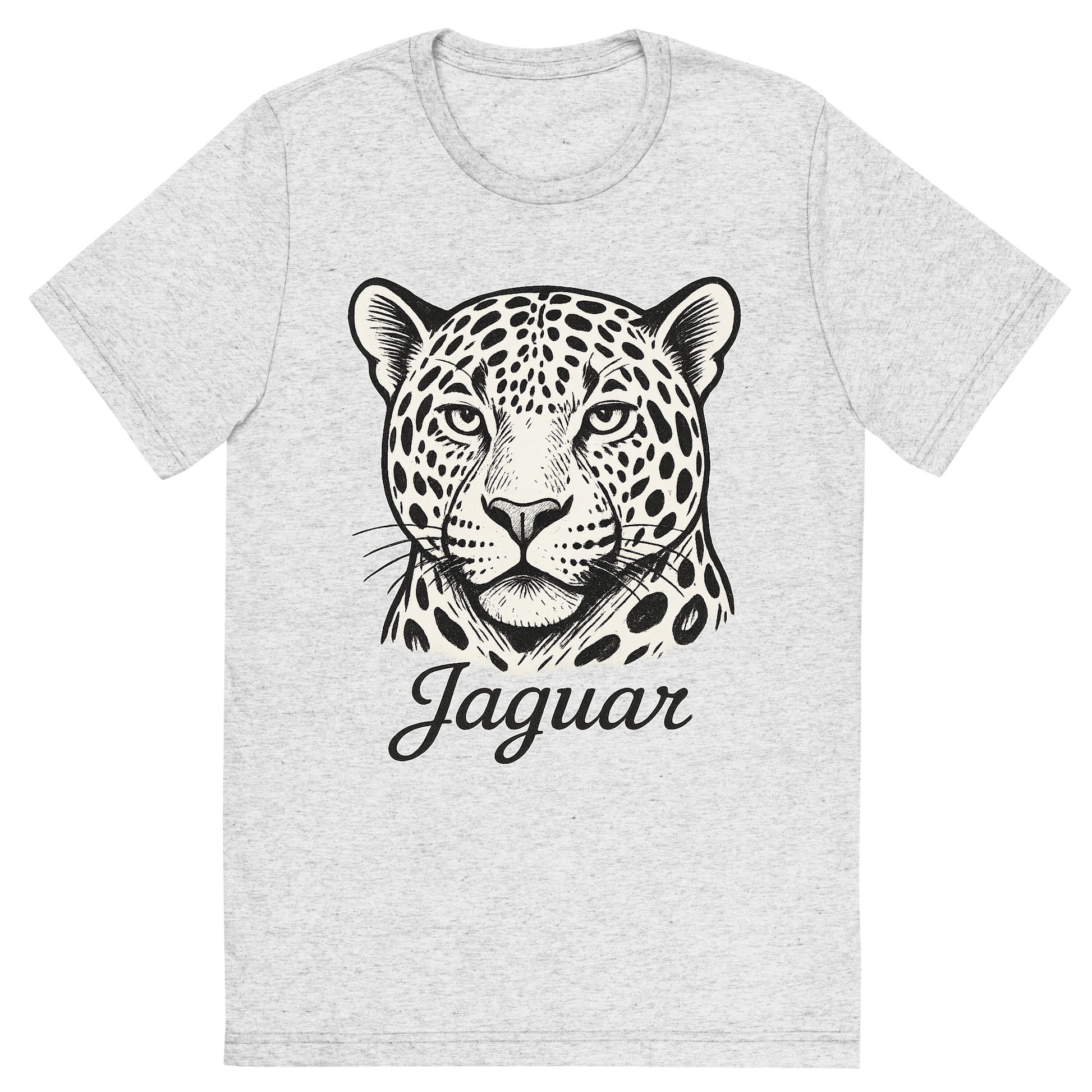 Front view of a Premium Tri-Blend Crew Neck T-Shirt in White Fleck showing 'A flat, neutral graphic of a bold sketch of a jaguar with large rosettes and strong jawline. “jaguar” appears in elegant script below. white background, fine linework.'