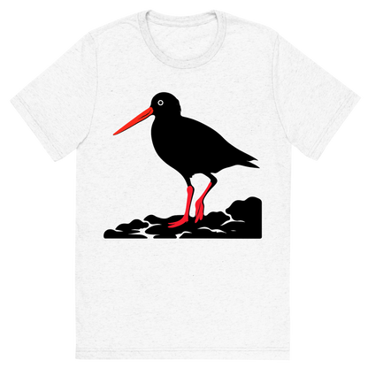Front view of a Premium Tri-Blend Crew Neck T-Shirt in Solid White showing 'A high-contrast silhouette with minimal accent color, striking graphic of a stylized silhouette of an american oystercatcher standing on a rocky shore, long orange bill and pink legs highlighted with color, high contrast silhouette, transparent background, centered composition, optimized for dtg printing'