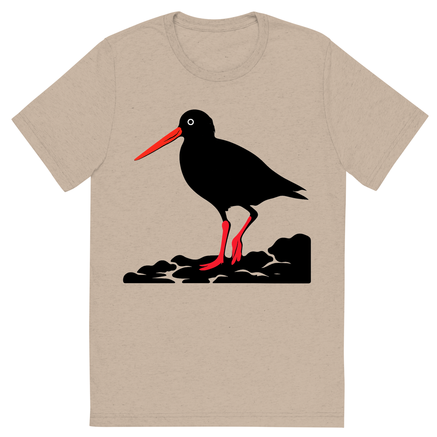 Front view of a Premium Tri-Blend Crew Neck T-Shirt in Tan showing 'A high-contrast silhouette with minimal accent color, striking graphic of a stylized silhouette of an american oystercatcher standing on a rocky shore, long orange bill and pink legs highlighted with color, high contrast silhouette, transparent background, centered composition, optimized for dtg printing'