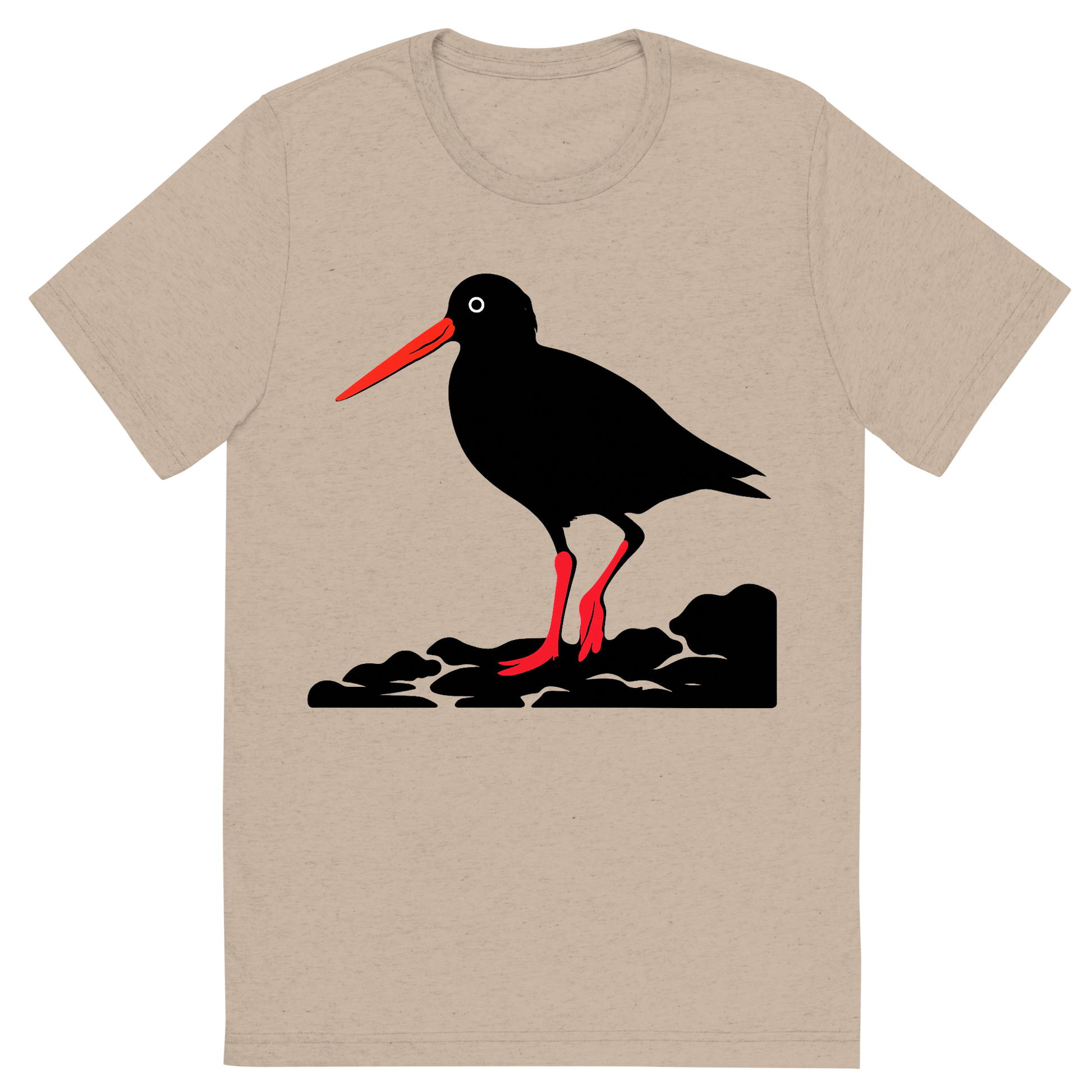 Front view of a Premium Tri-Blend Crew Neck T-Shirt in Tan showing 'A high-contrast silhouette with minimal accent color, striking graphic of a stylized silhouette of an american oystercatcher standing on a rocky shore, long orange bill and pink legs highlighted with color, high contrast silhouette, transparent background, centered composition, optimized for dtg printing'