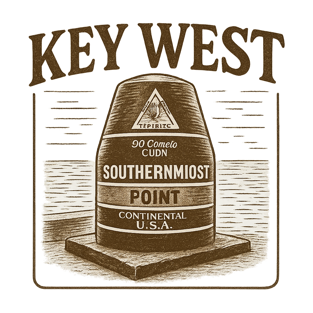 A typographic, nostalgic graphic of a typographic illustration of the words 'key west' with a vintage line art drawing of the southernmost point buoy – a t-shirt design