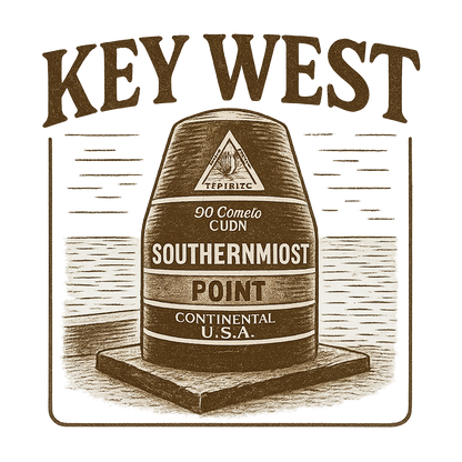 A typographic, nostalgic graphic of a typographic illustration of the words 'key west' with a vintage line art drawing of the southernmost point buoy – a t-shirt design