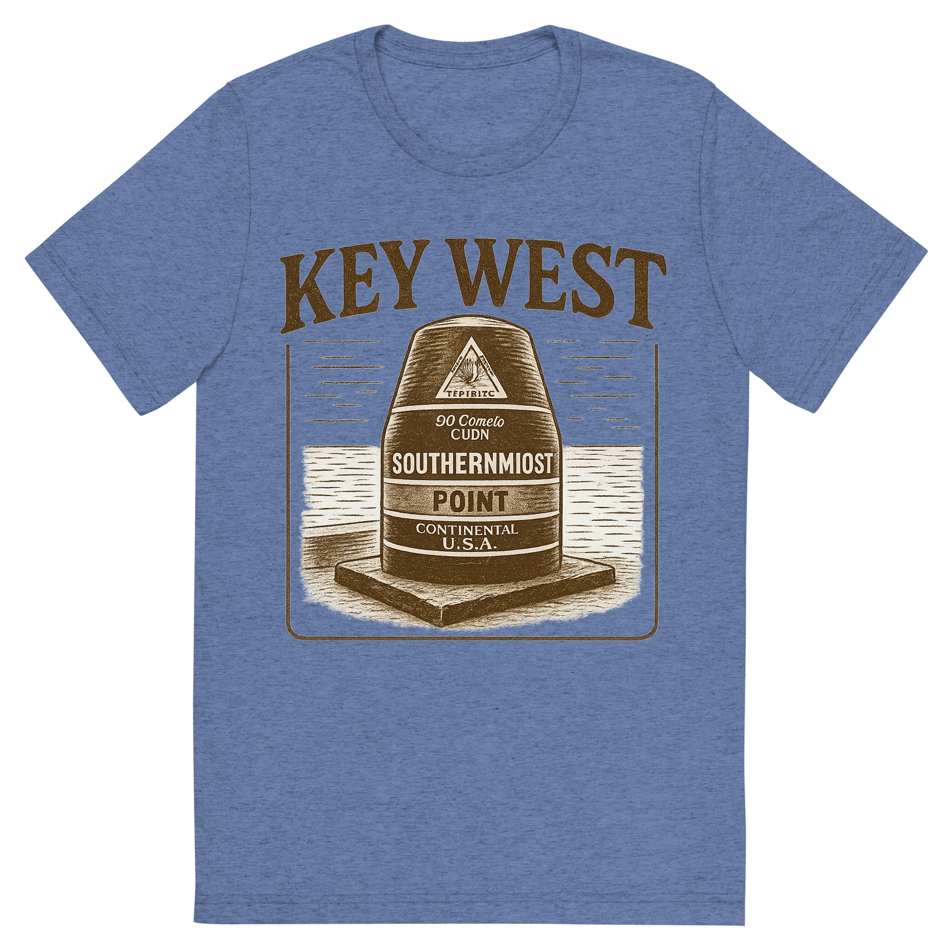 Front view of a Premium Tri-Blend Crew Neck T-Shirt in Blue showing 'A typographic, nostalgic graphic of a typographic illustration of the words 'key west' with a vintage line art drawing of the southernmost point buoy'