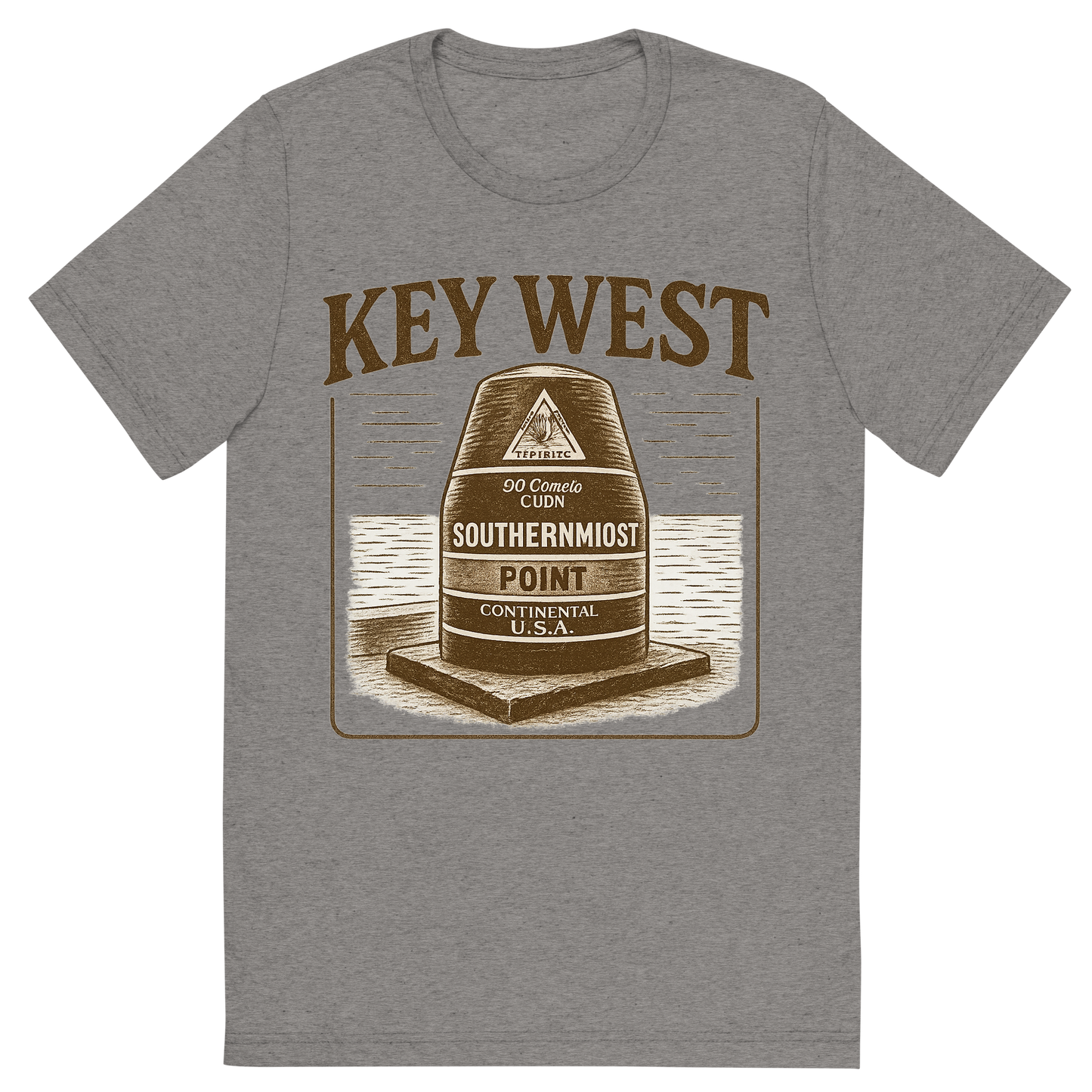 Front view of a Premium Tri-Blend Crew Neck T-Shirt in Grey showing 'A typographic, nostalgic graphic of a typographic illustration of the words 'key west' with a vintage line art drawing of the southernmost point buoy'