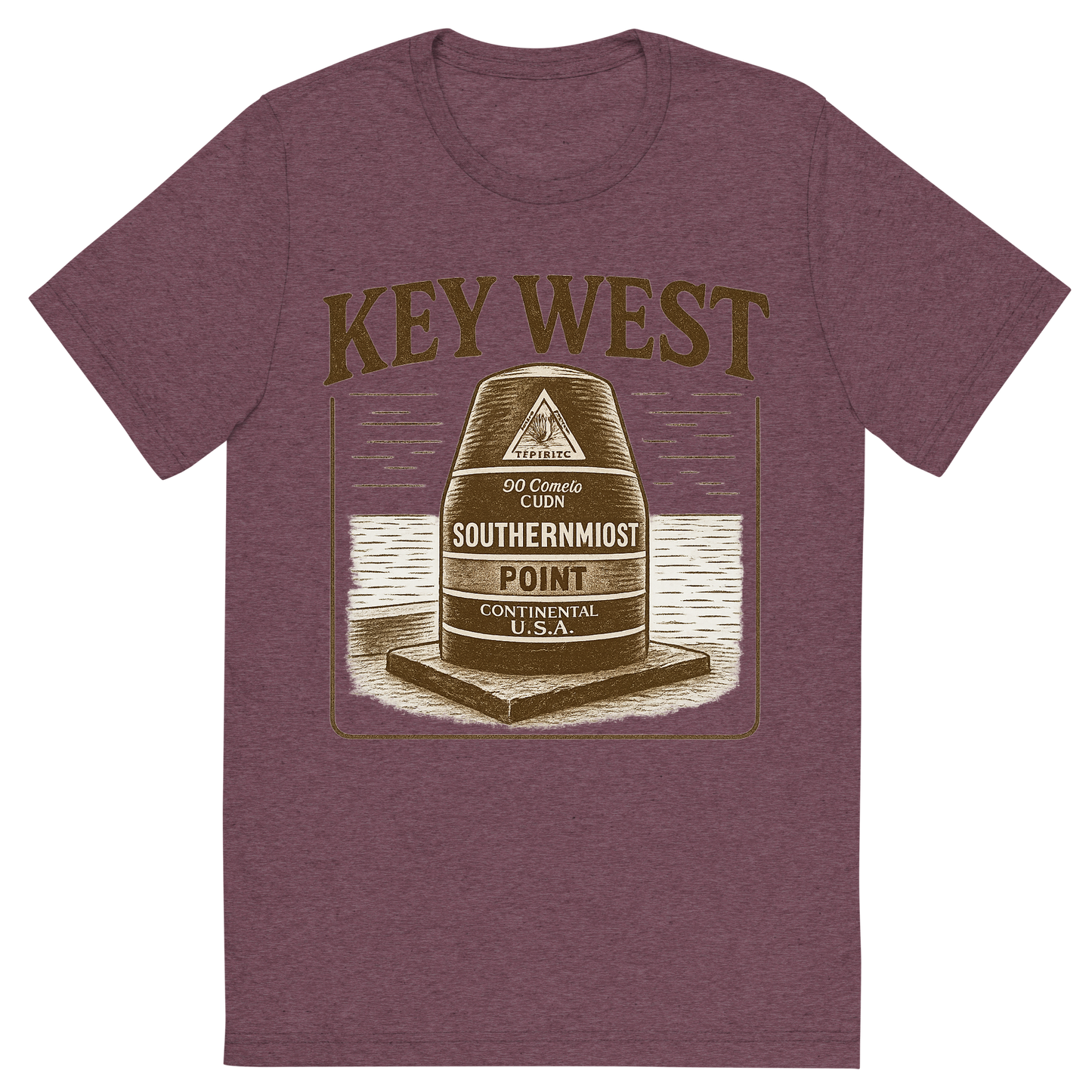 Front view of a Premium Tri-Blend Crew Neck T-Shirt in Maroon showing 'A typographic, nostalgic graphic of a typographic illustration of the words 'key west' with a vintage line art drawing of the southernmost point buoy'
