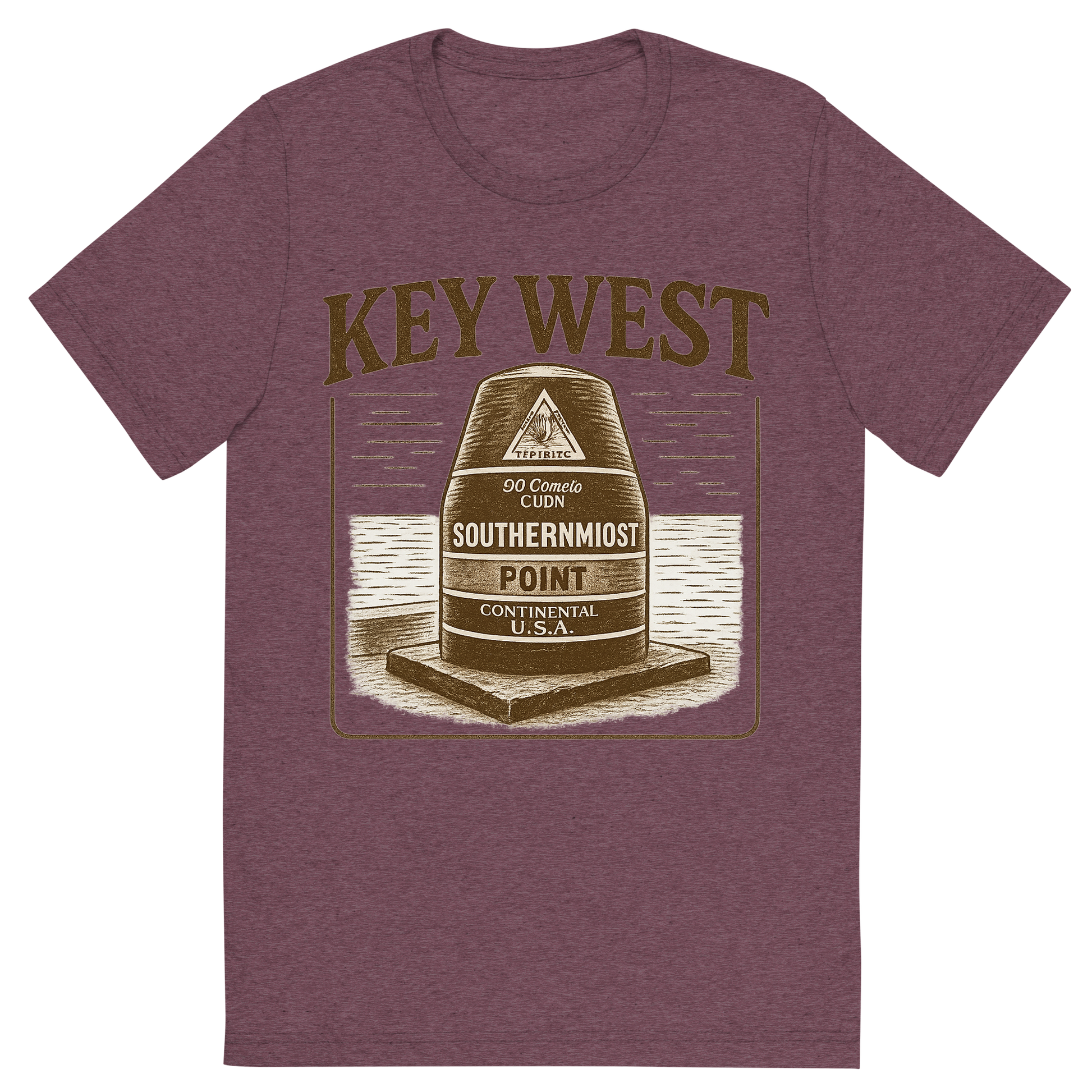 Front view of a Premium Tri-Blend Crew Neck T-Shirt in Maroon showing 'A typographic, nostalgic graphic of a typographic illustration of the words 'key west' with a vintage line art drawing of the southernmost point buoy'
