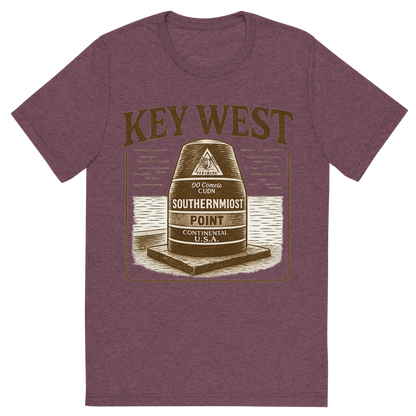 Front view of a Premium Tri-Blend Crew Neck T-Shirt in Maroon showing 'A typographic, nostalgic graphic of a typographic illustration of the words 'key west' with a vintage line art drawing of the southernmost point buoy'