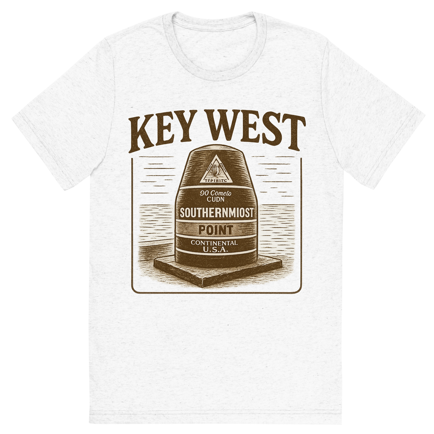Front view of a Premium Tri-Blend Crew Neck T-Shirt in Solid White showing 'A typographic, nostalgic graphic of a typographic illustration of the words 'key west' with a vintage line art drawing of the southernmost point buoy'