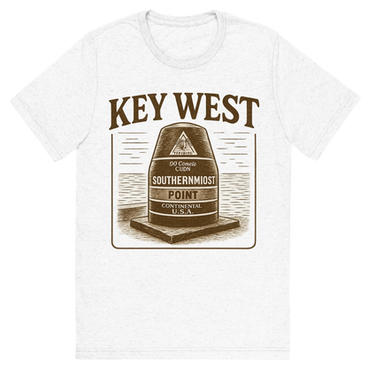 Front view of a Premium Tri-Blend Crew Neck T-Shirt in Solid White showing 'A typographic, nostalgic graphic of a typographic illustration of the words 'key west' with a vintage line art drawing of the southernmost point buoy'