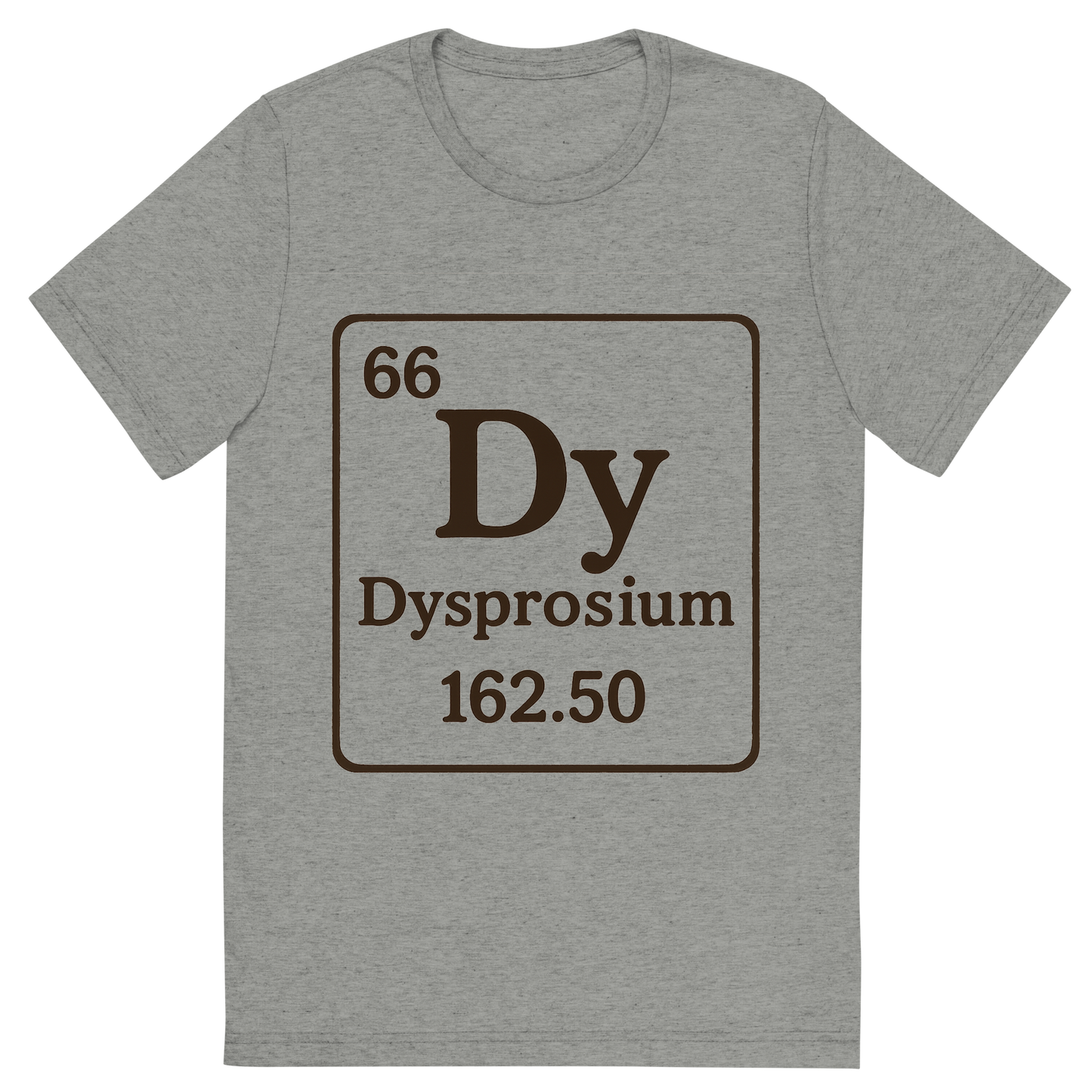 Front view of a Premium Tri-Blend Crew Neck T-Shirt in Athletic Grey showing 'A line art, nostalgic graphic of dysprosium's entry on the periodic table, use a dark color for the lines and text'