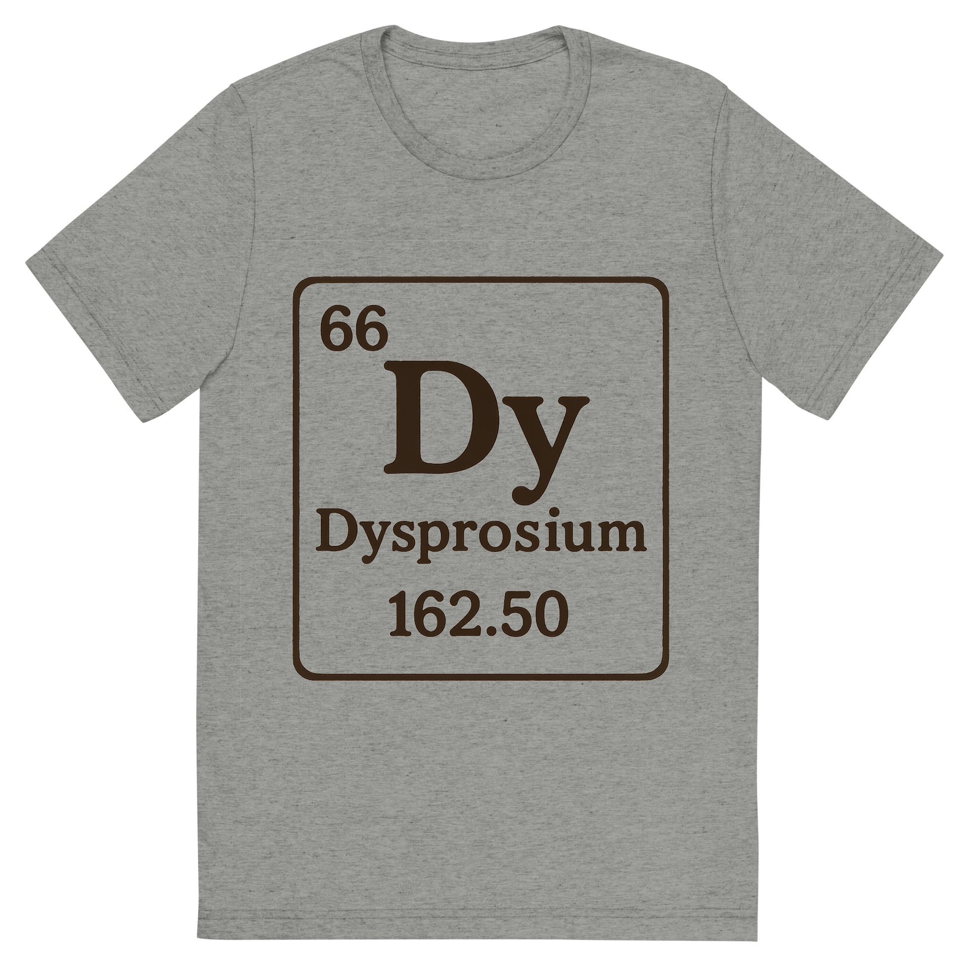 Front view of a Premium Tri-Blend Crew Neck T-Shirt in Athletic Grey showing 'A line art, nostalgic graphic of dysprosium's entry on the periodic table, use a dark color for the lines and text'