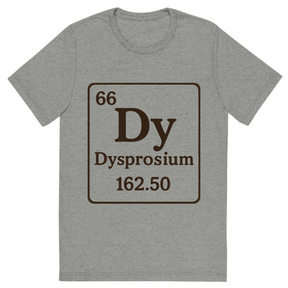 Front view of a Premium Tri-Blend Crew Neck T-Shirt in Athletic Grey showing 'A line art, nostalgic graphic of dysprosium's entry on the periodic table, use a dark color for the lines and text'
