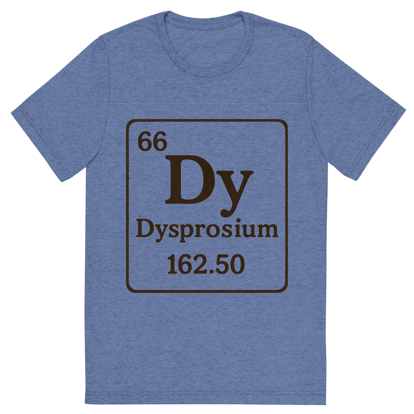 Front view of a Premium Tri-Blend Crew Neck T-Shirt in Blue showing 'A line art, nostalgic graphic of dysprosium's entry on the periodic table, use a dark color for the lines and text'