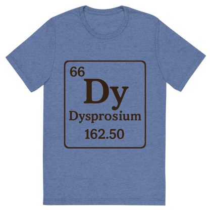 Front view of a Premium Tri-Blend Crew Neck T-Shirt in Blue showing 'A line art, nostalgic graphic of dysprosium's entry on the periodic table, use a dark color for the lines and text'