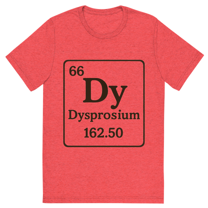 Front view of a Premium Tri-Blend Crew Neck T-Shirt in Red showing 'A line art, nostalgic graphic of dysprosium's entry on the periodic table, use a dark color for the lines and text'