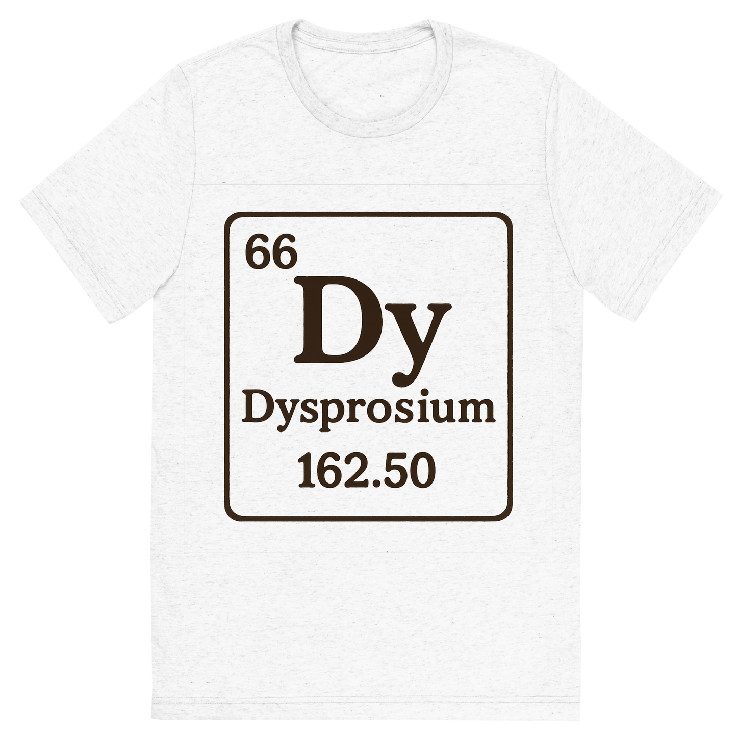 Front view of a Premium Tri-Blend Crew Neck T-Shirt in Solid White showing 'A line art, nostalgic graphic of dysprosium's entry on the periodic table, use a dark color for the lines and text'
