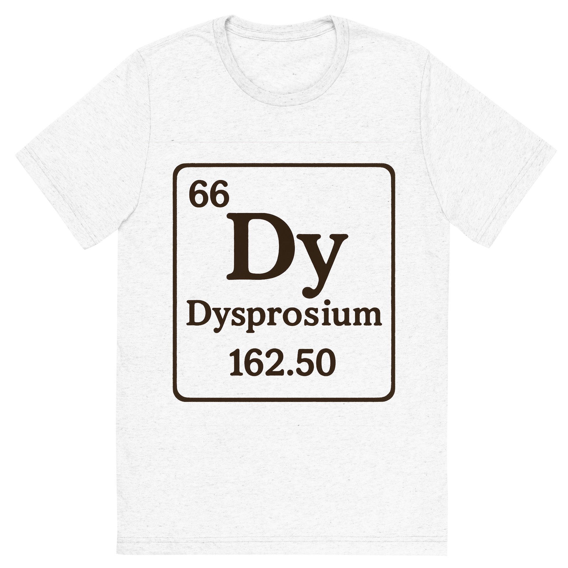 Front view of a Premium Tri-Blend Crew Neck T-Shirt in Solid White showing 'A line art, nostalgic graphic of dysprosium's entry on the periodic table, use a dark color for the lines and text'