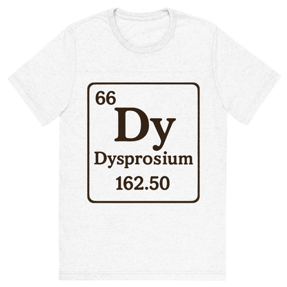 Front view of a Premium Tri-Blend Crew Neck T-Shirt in Solid White showing 'A line art, nostalgic graphic of dysprosium's entry on the periodic table, use a dark color for the lines and text'