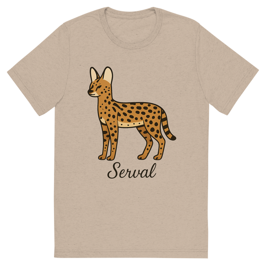Front view of a Premium Tri-Blend Crew Neck T-Shirt in Tan showing 'A flat, neutral graphic of a tall and slender serval drawn in profile with long legs and large ears. “serval” is written below in elegant script.'