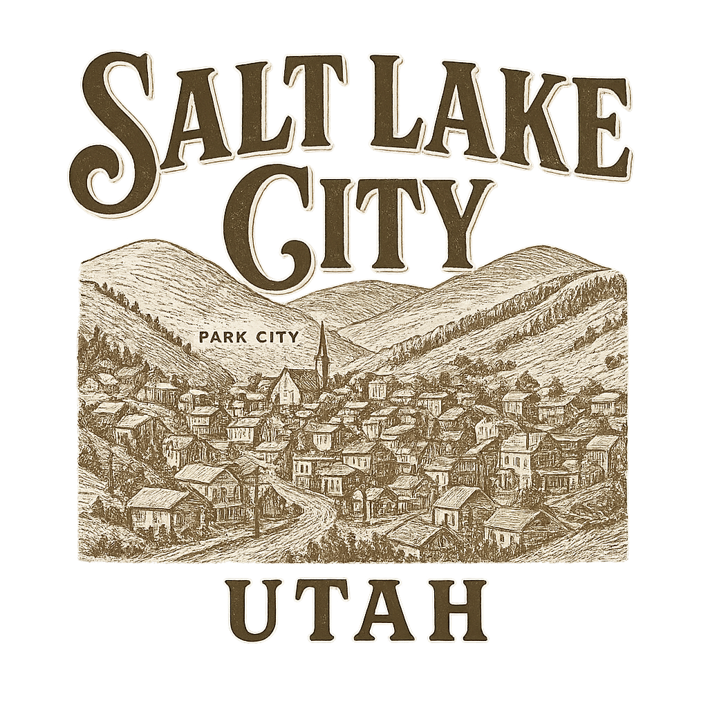A typographic, nostalgic graphic of a typographic illustration of the words 'salt lake city, utah' with a vintage line art drawing of park city – a t-shirt design