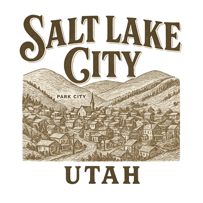 A typographic, nostalgic graphic of a typographic illustration of the words 'salt lake city, utah' with a vintage line art drawing of park city – a t-shirt design
