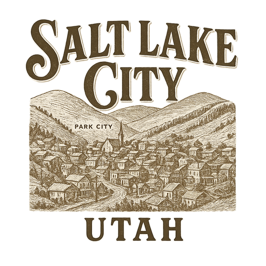 A typographic, nostalgic graphic of a typographic illustration of the words 'salt lake city, utah' with a vintage line art drawing of park city – a t-shirt design