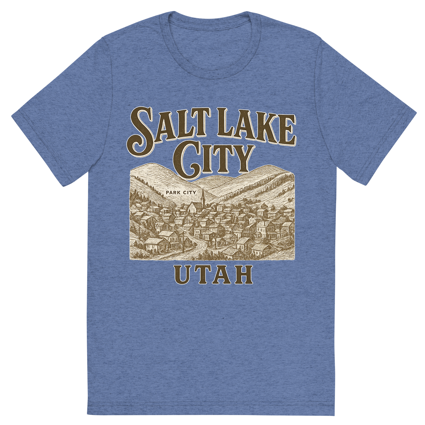 Front view of a Premium Tri-Blend Crew Neck T-Shirt in Blue showing 'A typographic, nostalgic graphic of a typographic illustration of the words 'salt lake city, utah' with a vintage line art drawing of park city'