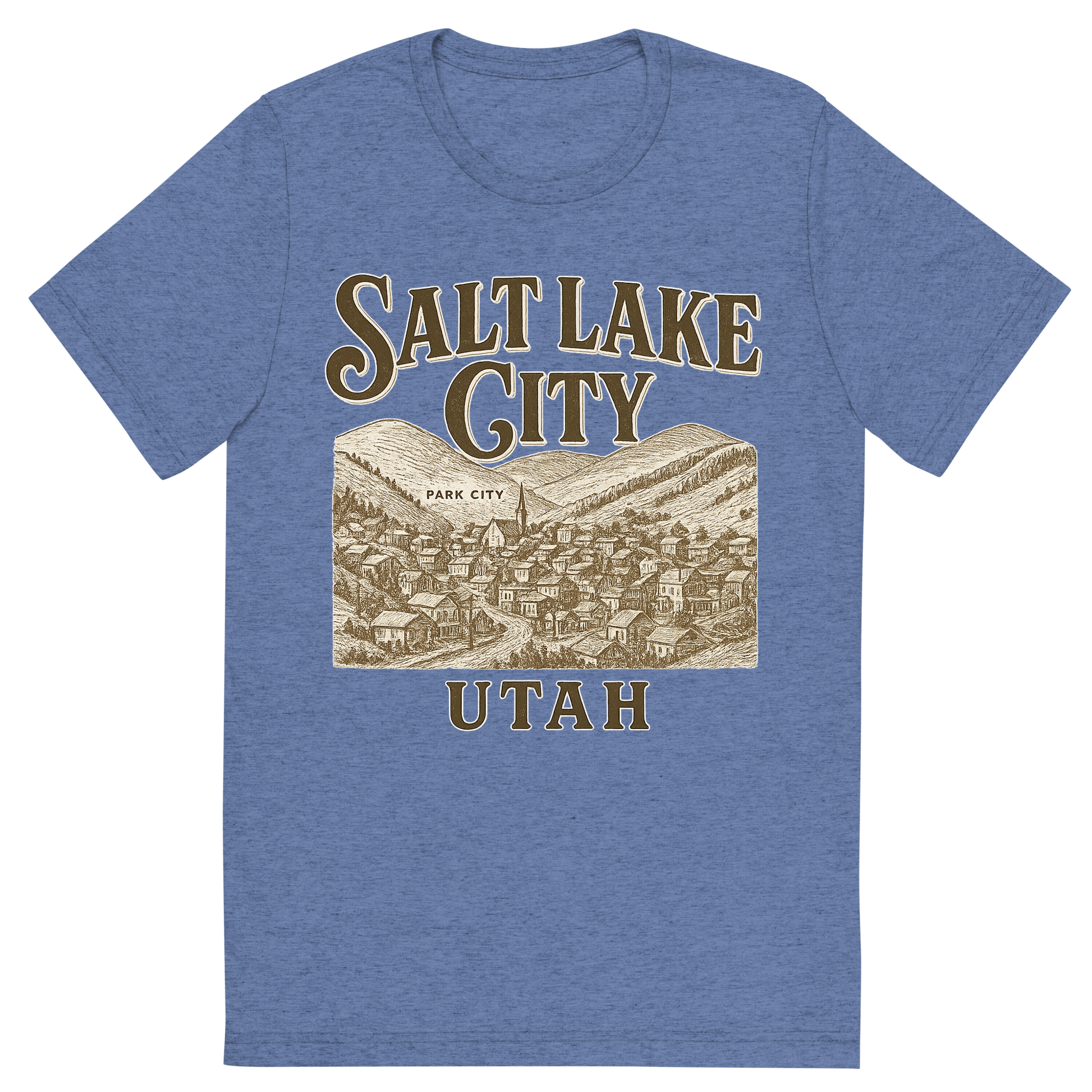 Front view of a Premium Tri-Blend Crew Neck T-Shirt in Blue showing 'A typographic, nostalgic graphic of a typographic illustration of the words 'salt lake city, utah' with a vintage line art drawing of park city'