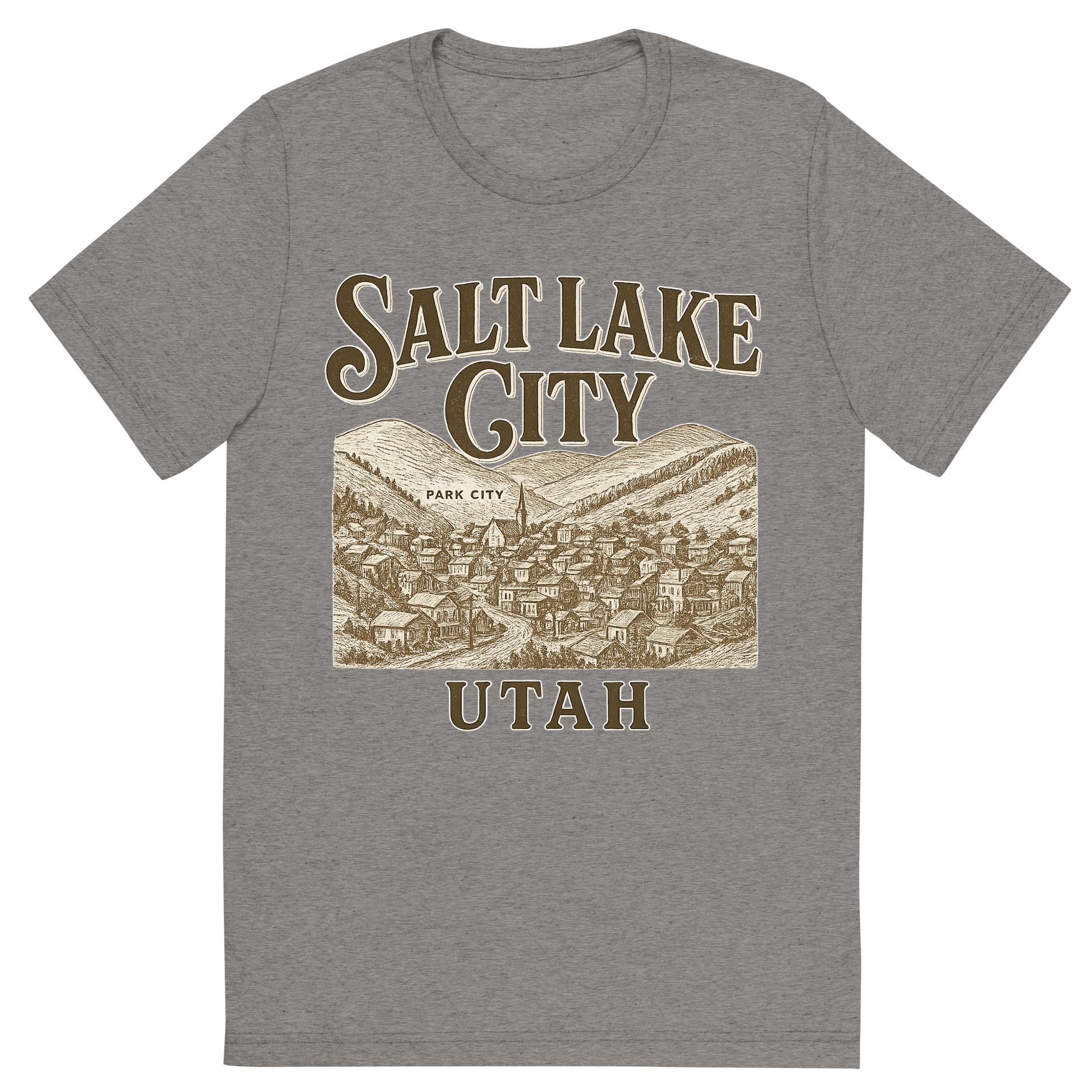 Front view of a Premium Tri-Blend Crew Neck T-Shirt in Grey showing 'A typographic, nostalgic graphic of a typographic illustration of the words 'salt lake city, utah' with a vintage line art drawing of park city'