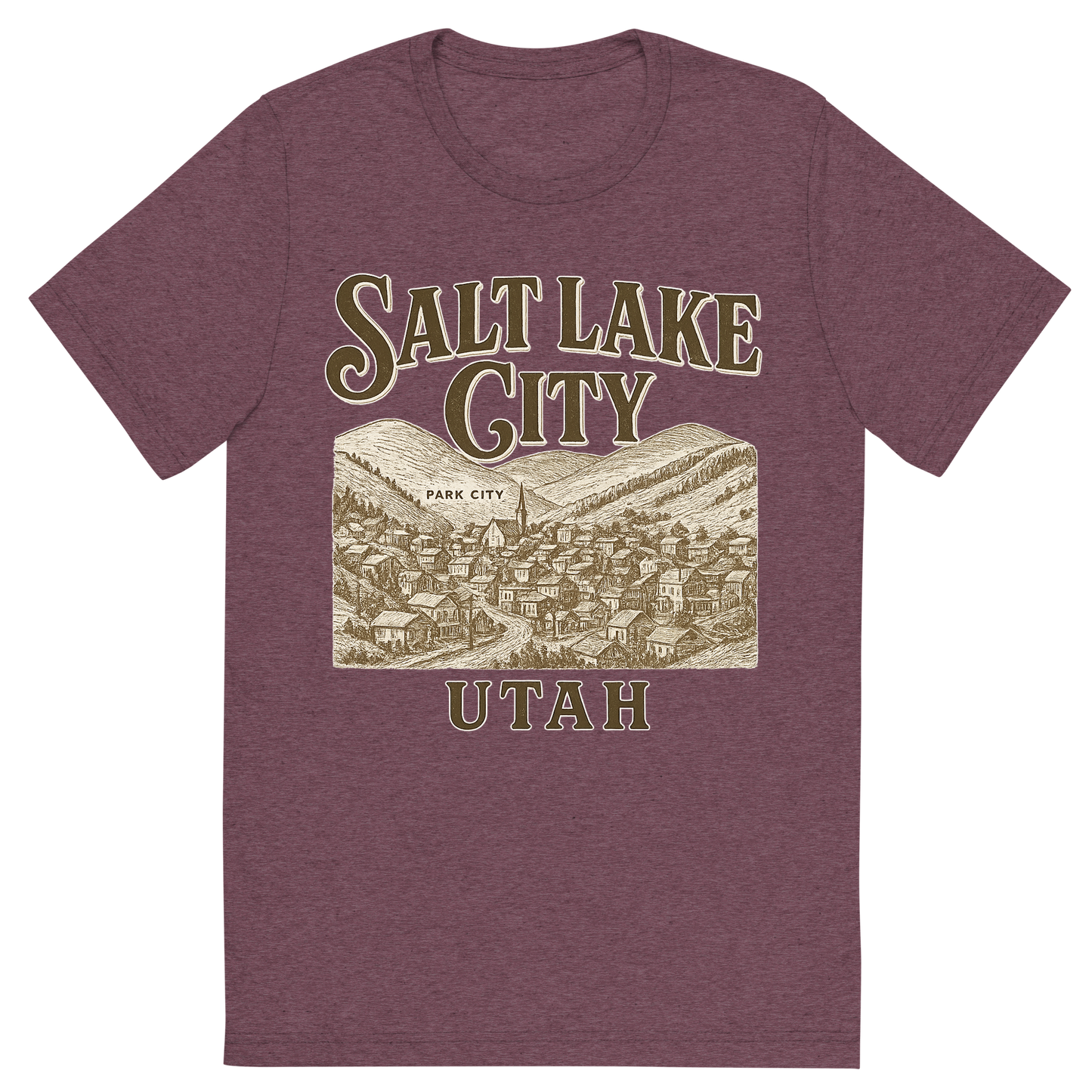 Front view of a Premium Tri-Blend Crew Neck T-Shirt in Maroon showing 'A typographic, nostalgic graphic of a typographic illustration of the words 'salt lake city, utah' with a vintage line art drawing of park city'