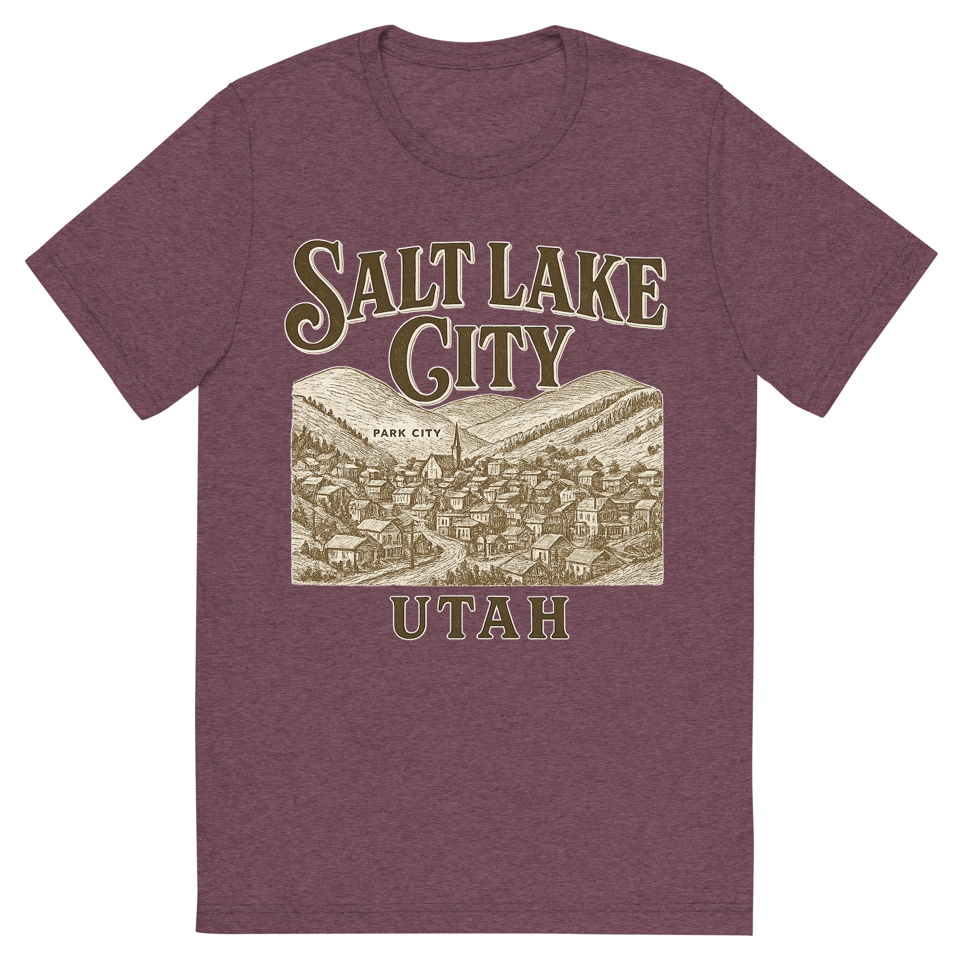 Front view of a Premium Tri-Blend Crew Neck T-Shirt in Maroon showing 'A typographic, nostalgic graphic of a typographic illustration of the words 'salt lake city, utah' with a vintage line art drawing of park city'