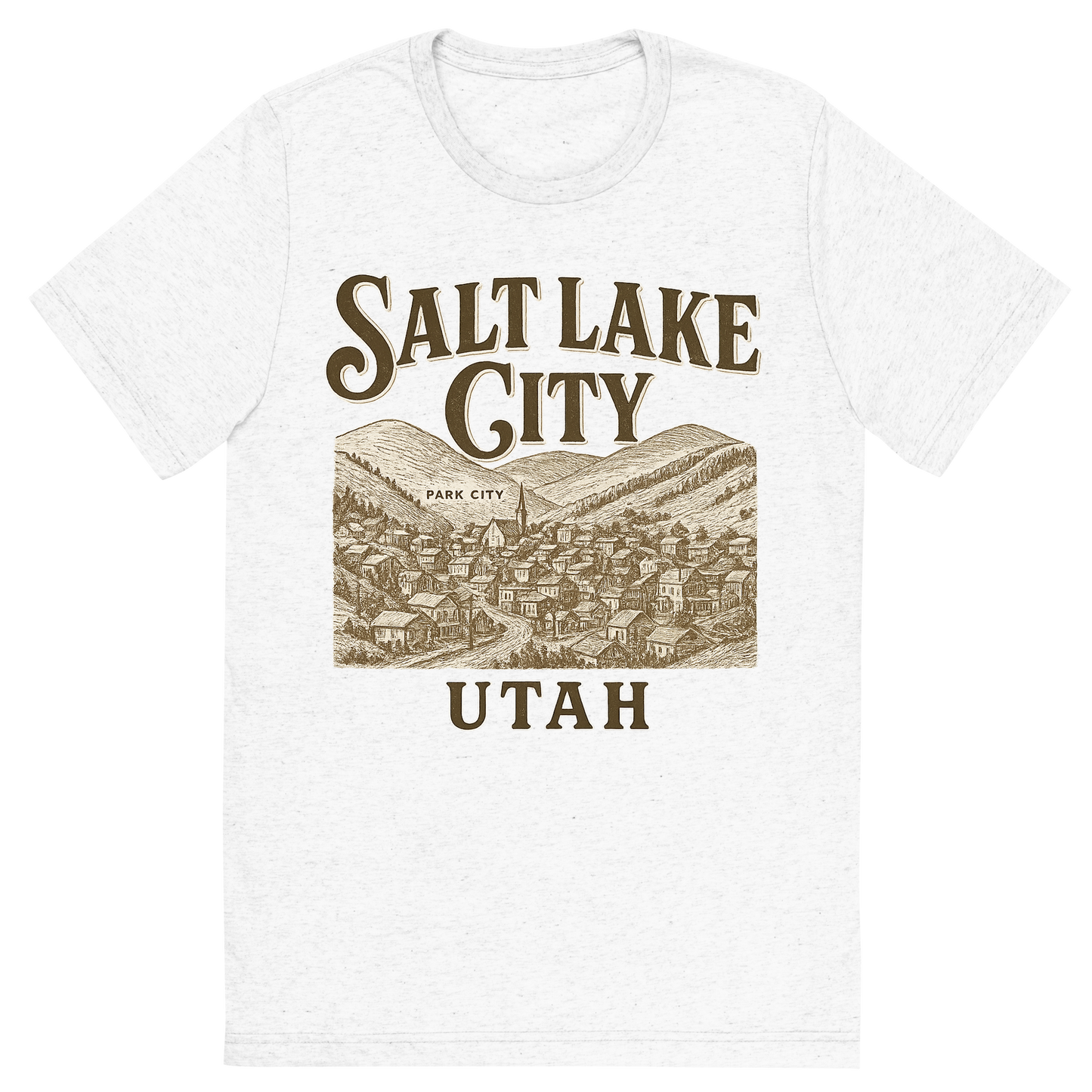 Front view of a Premium Tri-Blend Crew Neck T-Shirt in Solid White showing 'A typographic, nostalgic graphic of a typographic illustration of the words 'salt lake city, utah' with a vintage line art drawing of park city'