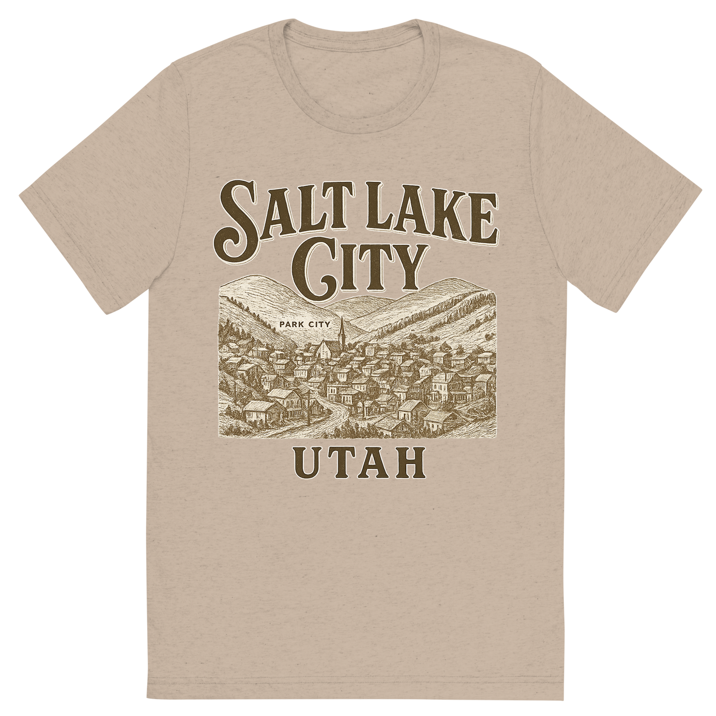 Front view of a Premium Tri-Blend Crew Neck T-Shirt in Tan showing 'A typographic, nostalgic graphic of a typographic illustration of the words 'salt lake city, utah' with a vintage line art drawing of park city'