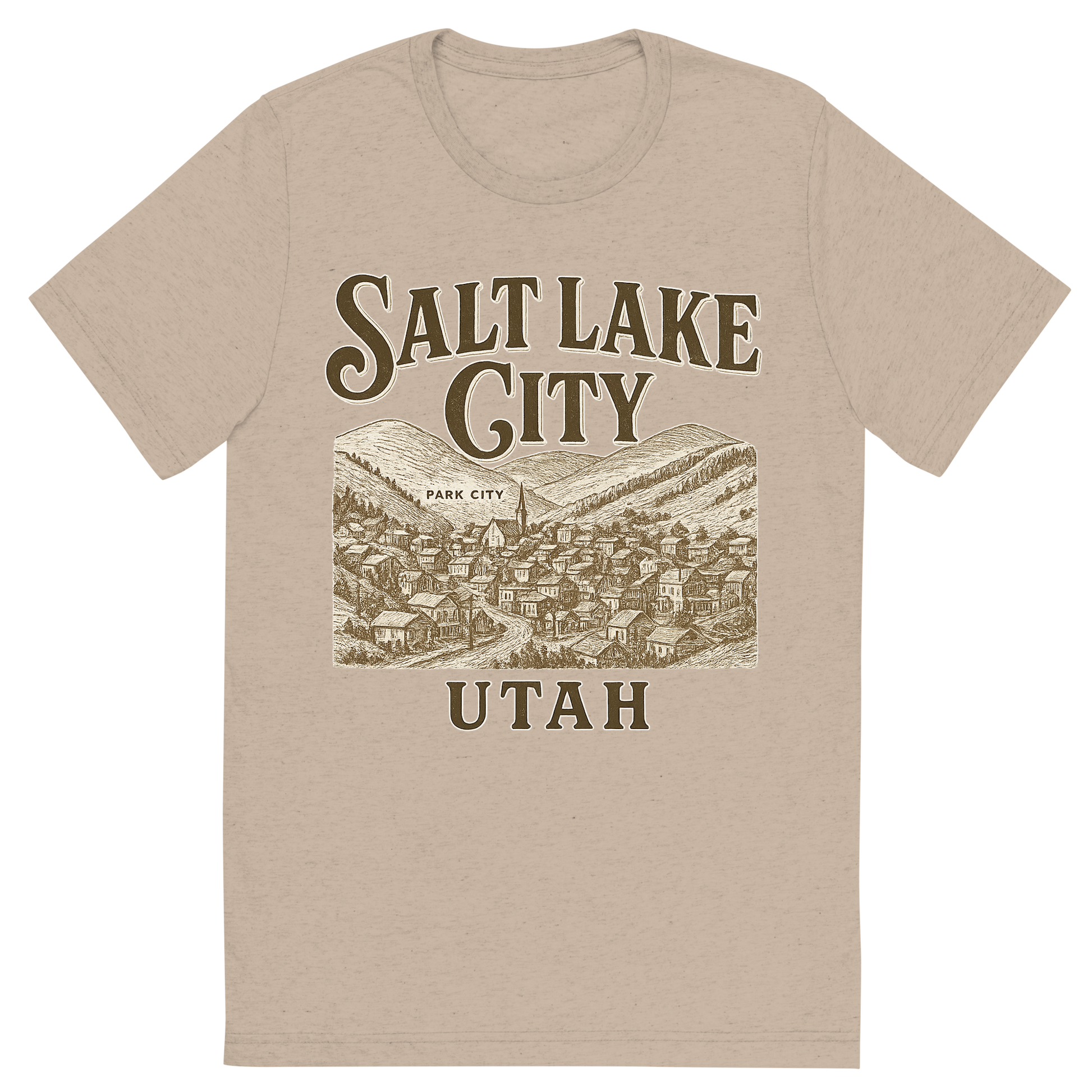 Front view of a Premium Tri-Blend Crew Neck T-Shirt in Tan showing 'A typographic, nostalgic graphic of a typographic illustration of the words 'salt lake city, utah' with a vintage line art drawing of park city'