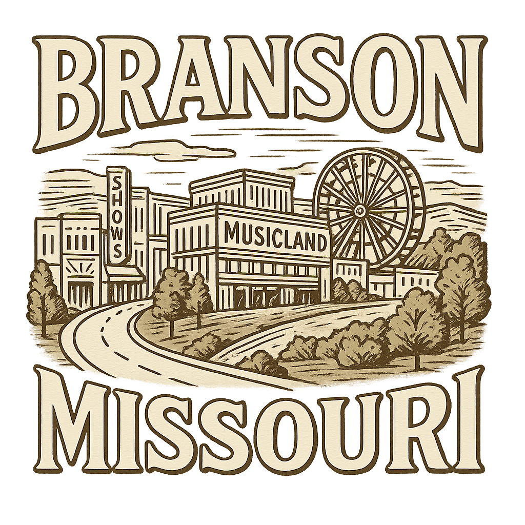 A typographic, nostalgic graphic of a typographic illustration of the words 'branson, missouri' with a vintage line art drawing of the branson strip shows – a t-shirt design