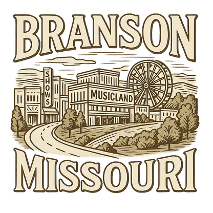 A typographic, nostalgic graphic of a typographic illustration of the words 'branson, missouri' with a vintage line art drawing of the branson strip shows – a t-shirt design