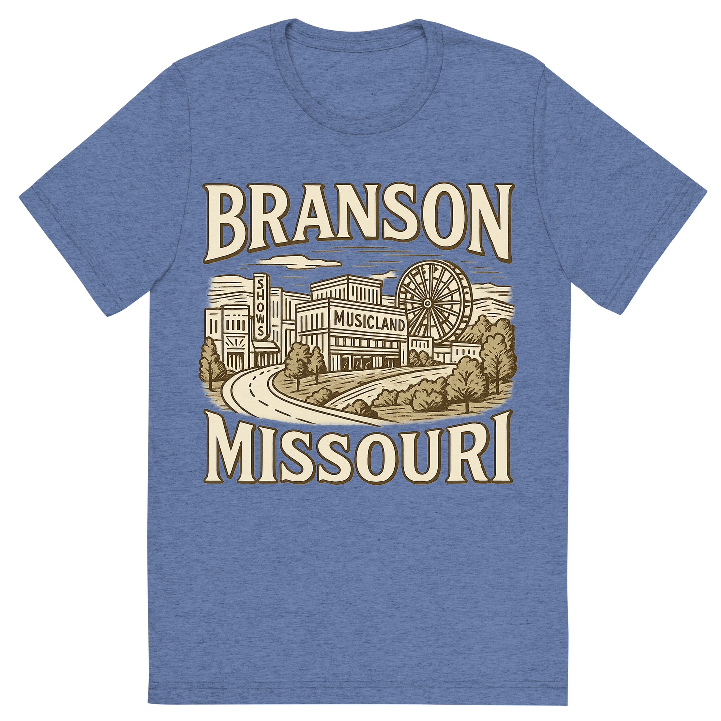Front view of a Premium Tri-Blend Crew Neck T-Shirt in Blue showing 'A typographic, nostalgic graphic of a typographic illustration of the words 'branson, missouri' with a vintage line art drawing of the branson strip shows'