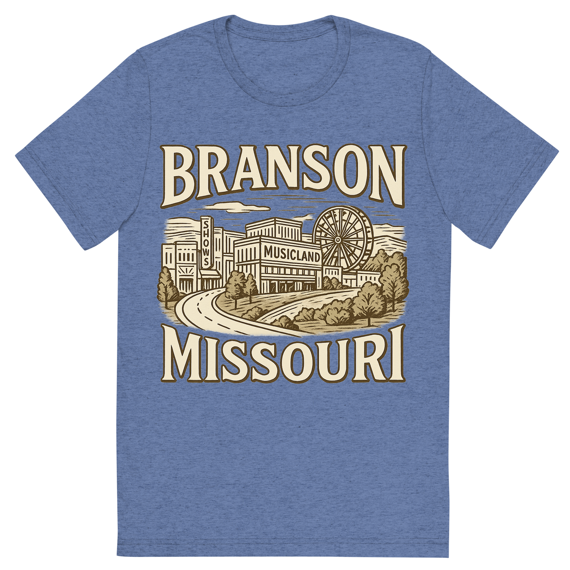 Front view of a Premium Tri-Blend Crew Neck T-Shirt in Blue showing 'A typographic, nostalgic graphic of a typographic illustration of the words 'branson, missouri' with a vintage line art drawing of the branson strip shows'