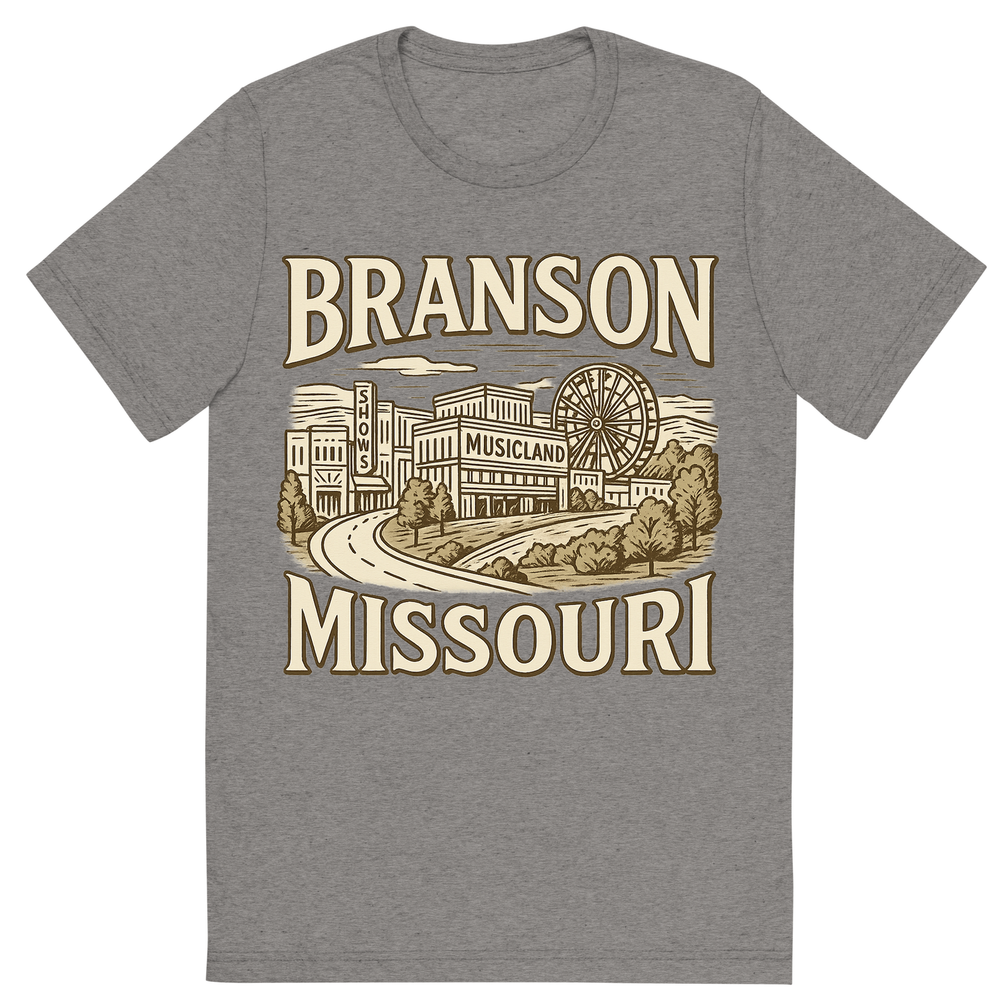 Front view of a Premium Tri-Blend Crew Neck T-Shirt in Grey showing 'A typographic, nostalgic graphic of a typographic illustration of the words 'branson, missouri' with a vintage line art drawing of the branson strip shows'