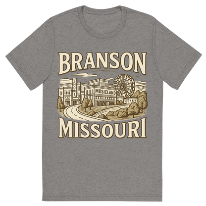 Front view of a Premium Tri-Blend Crew Neck T-Shirt in Grey showing 'A typographic, nostalgic graphic of a typographic illustration of the words 'branson, missouri' with a vintage line art drawing of the branson strip shows'