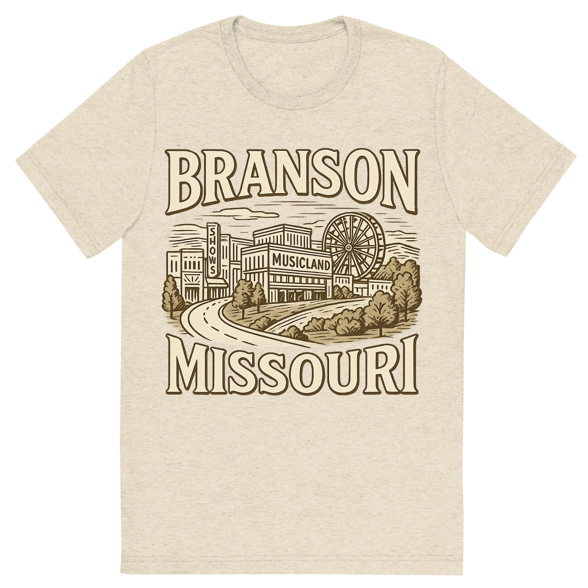 Front view of a Premium Tri-Blend Crew Neck T-Shirt in Oatmeal showing 'A typographic, nostalgic graphic of a typographic illustration of the words 'branson, missouri' with a vintage line art drawing of the branson strip shows'