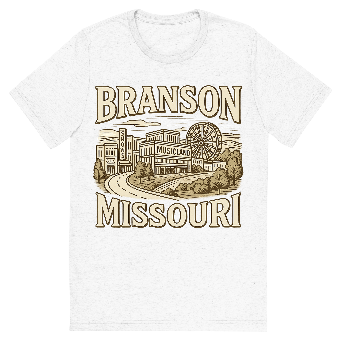 Front view of a Premium Tri-Blend Crew Neck T-Shirt in Solid White showing 'A typographic, nostalgic graphic of a typographic illustration of the words 'branson, missouri' with a vintage line art drawing of the branson strip shows'