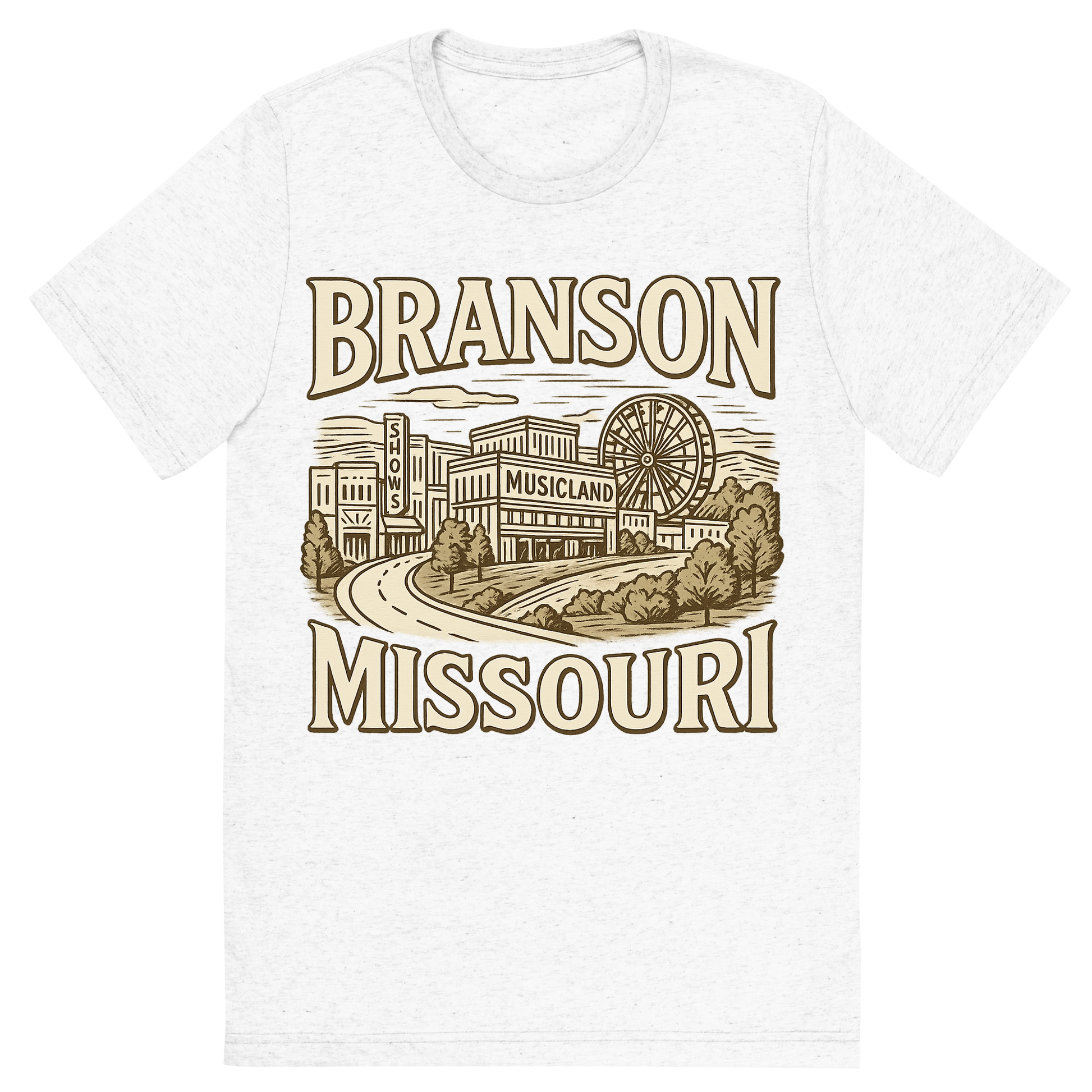 Front view of a Premium Tri-Blend Crew Neck T-Shirt in Solid White showing 'A typographic, nostalgic graphic of a typographic illustration of the words 'branson, missouri' with a vintage line art drawing of the branson strip shows'