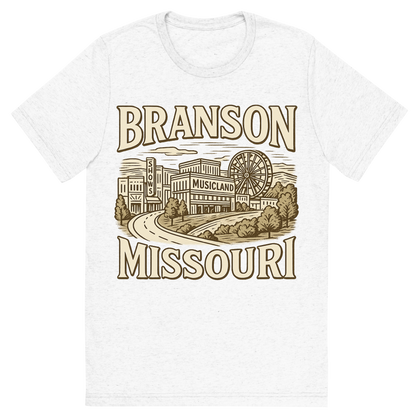 Front view of a Premium Tri-Blend Crew Neck T-Shirt in Solid White showing 'A typographic, nostalgic graphic of a typographic illustration of the words 'branson, missouri' with a vintage line art drawing of the branson strip shows'