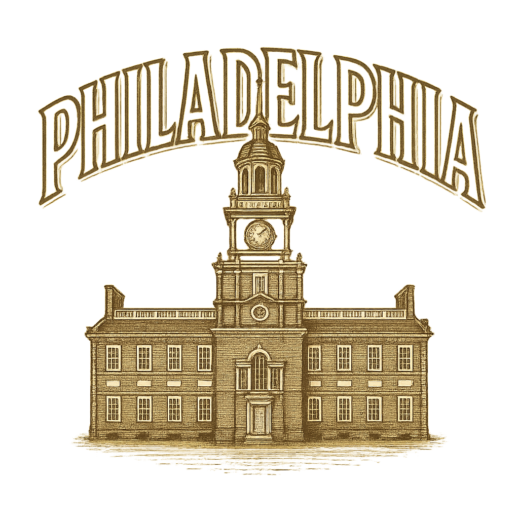 A typographic, nostalgic graphic of a typographic illustration of the words 'philadelphia' with a vintage line art drawing of independence hall – a t-shirt design